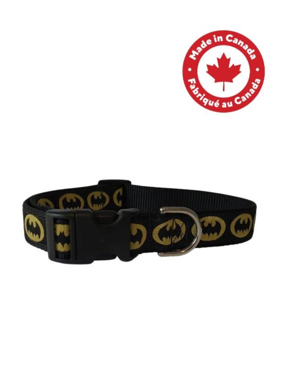 Batman Black Dog Collar with Classic Yellow Bat Accents -- Made in Canada!